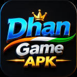 Dhan Game APK 3D logo with blue and gold text, golden crown, Indian tricolor swoosh, and black premium background.