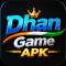 Dhan Game APK 3D logo with blue and gold text, golden crown, Indian tricolor swoosh, and black premium background.